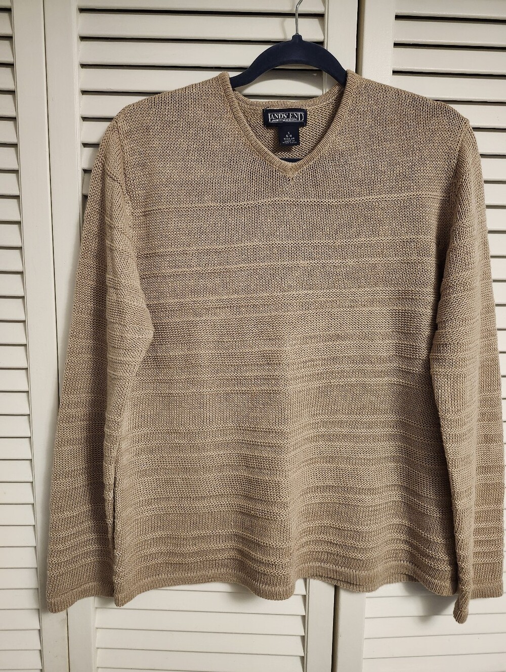 Lands' End Women's Beige/Tan V-Neck Textured Knit Sweater 100% Linen New No Tag